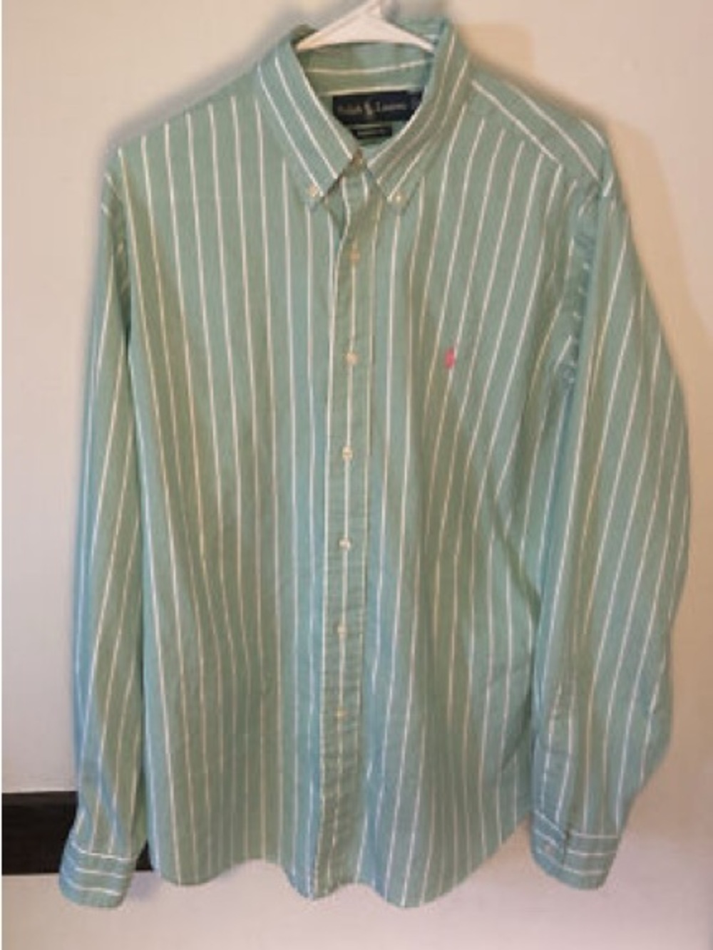 Men's Mint Green Striped Button-Down Shirt - Ralph Lauren Style